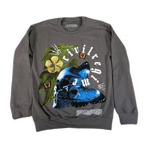 Civil Regime Sweater Sweatshirt Mens Small Gray Crew Neck Skull Flower Butterfly